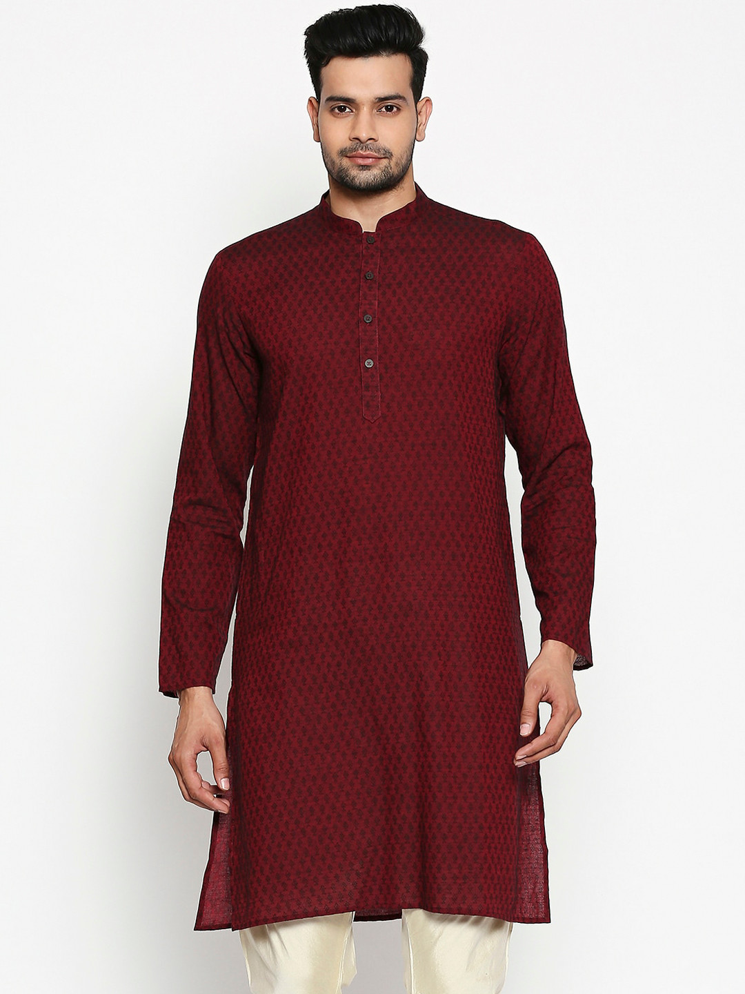 

indus route by Pantaloons Men Maroon Woven Design Straight Kurta