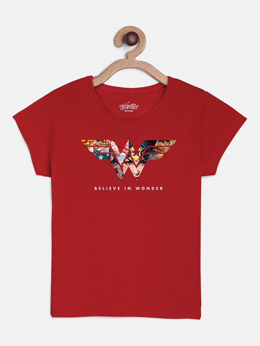 

Kids Ville Girls Red Wonder Woman Printed Round Neck Pure Cotton T-shirt