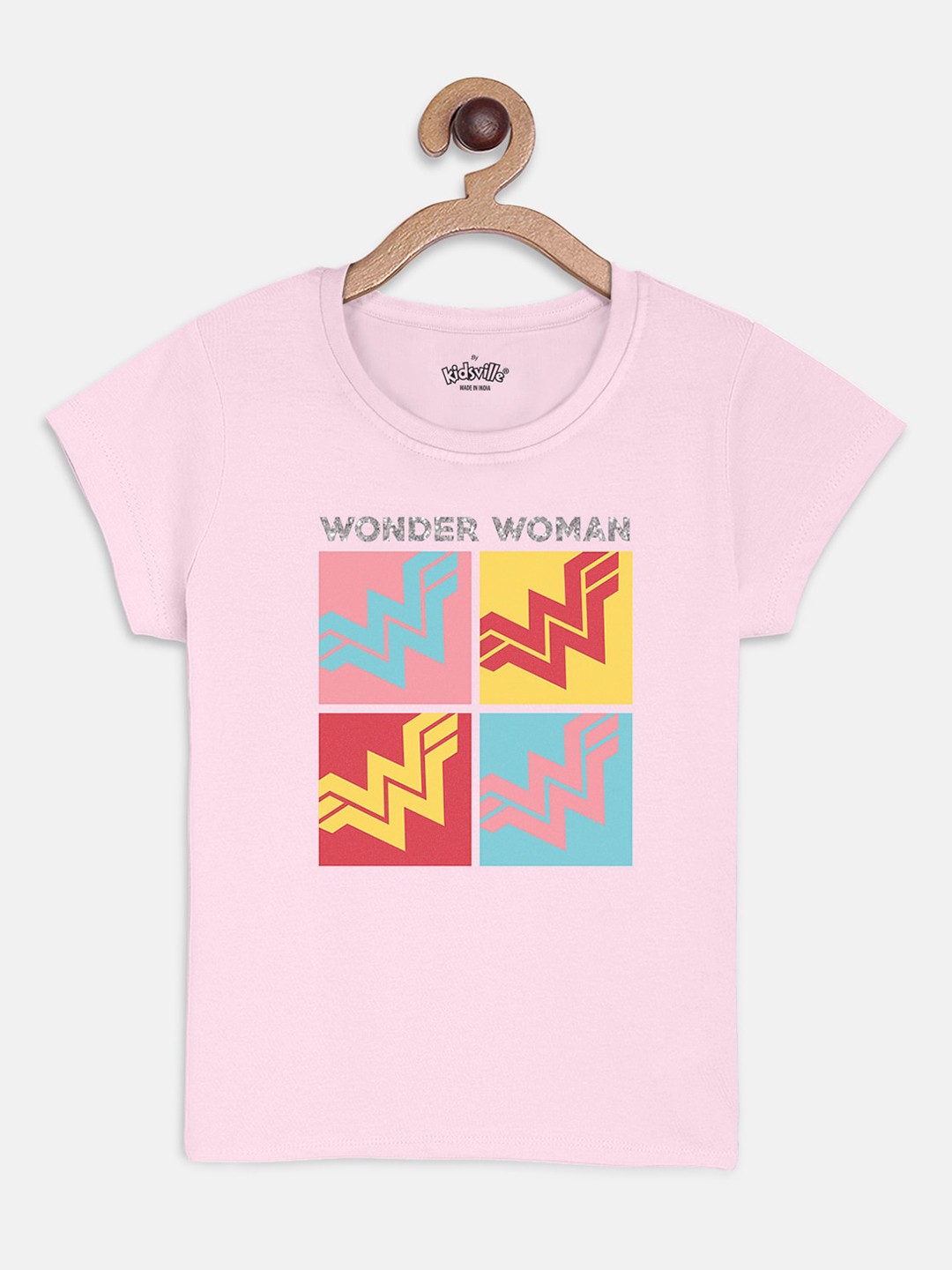 

Kids Ville Girls Pink Wonder Woman Printed Round Neck Cotton Pure Cotton T-shirt