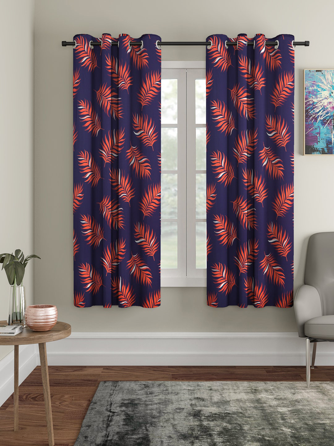 

Cortina Navy blue & Orange Set of 2 Digital Printed Window Curtains