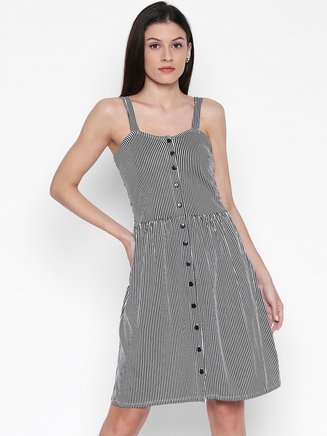 

People Women Black & White Striped Fit and Flare Dress