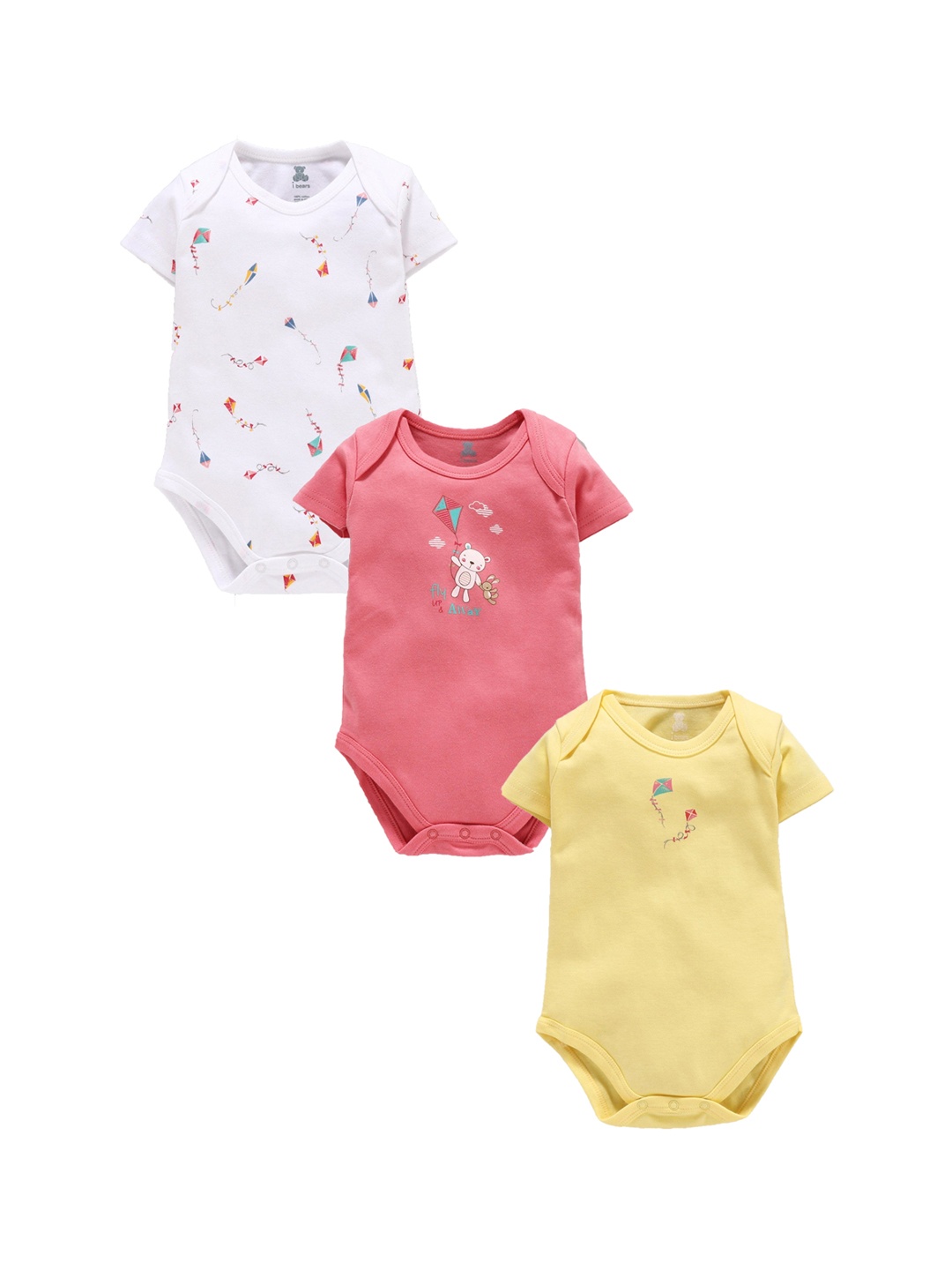 

i bears Infant Kids Pack of 3 Printed Pure Cotton Bodysuits, Yellow