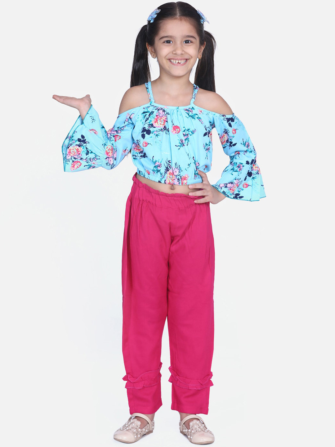 

Cutiekins Girls Blue & Pink Floral Printed Crop Top with Trousers