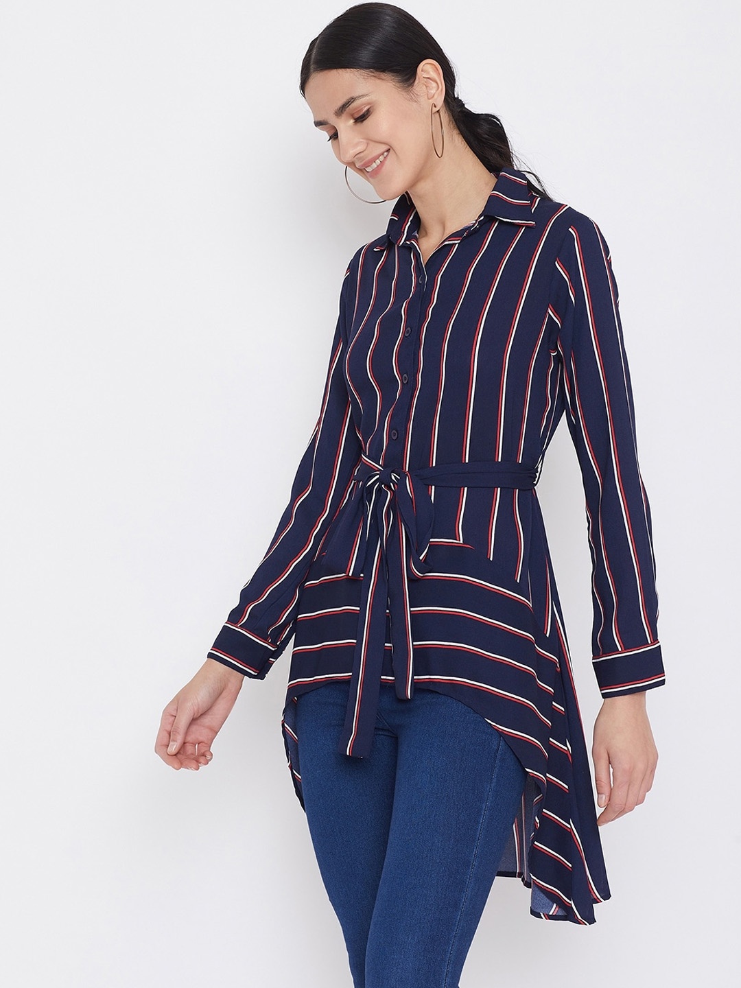 

Berrylush Women Navy Blue Striped Shirt Style Top