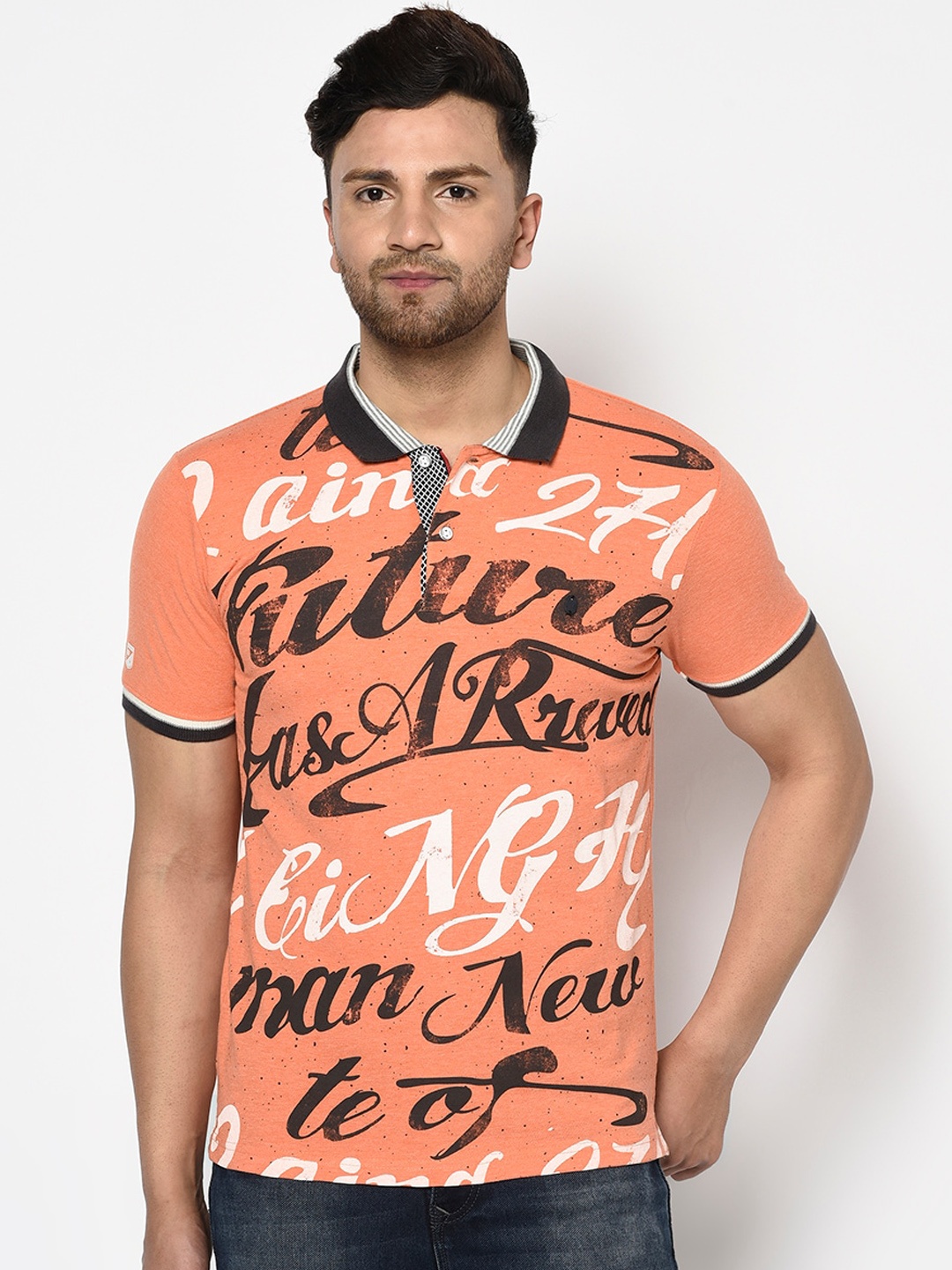 

Duke Men Orange Solid Polo Collar T-shirt