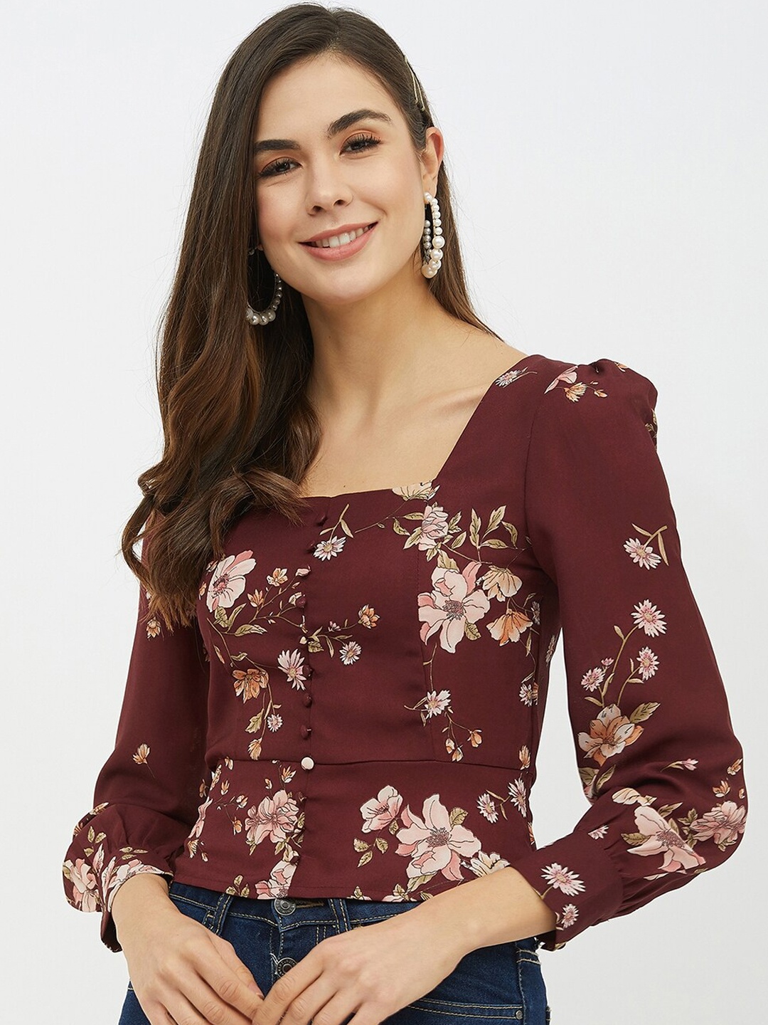 

Harpa Women Maroon Floral Printed Crop Top