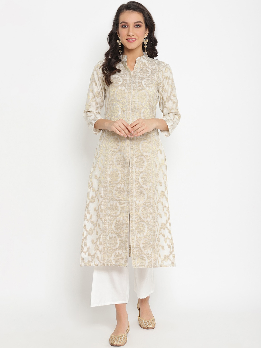 

Abhishti Women White & Cream-Coloured Woven Design Straight Kurta
