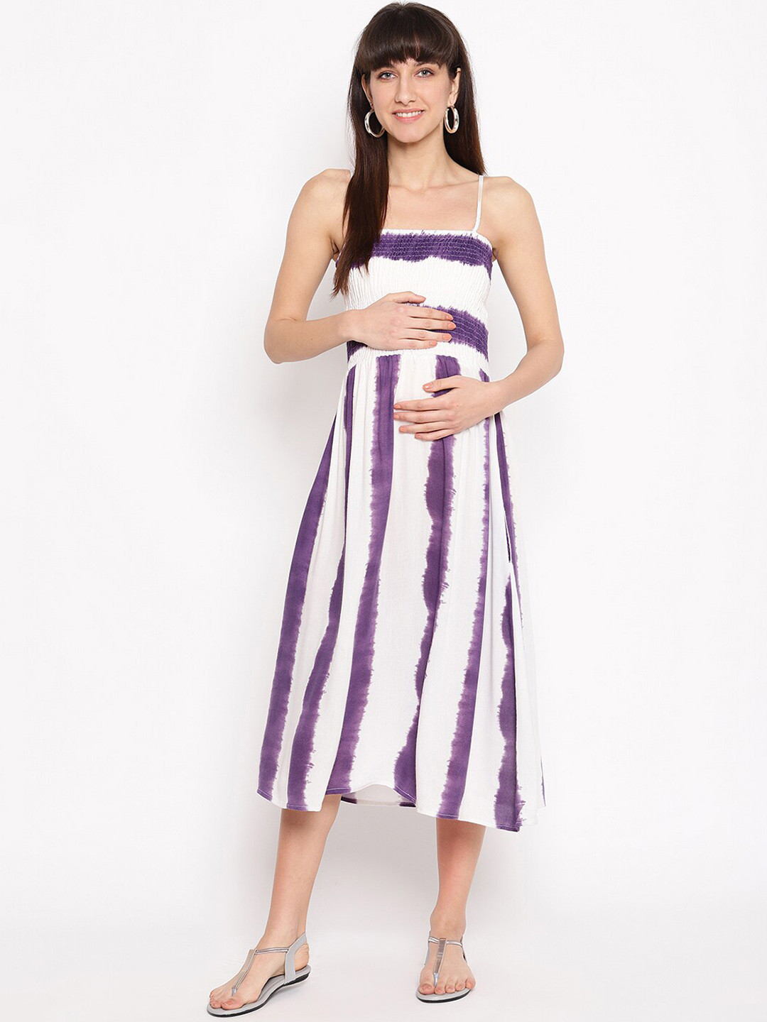

The Vanca Women Purple & White Striped Maternity Fit and Flare Dress