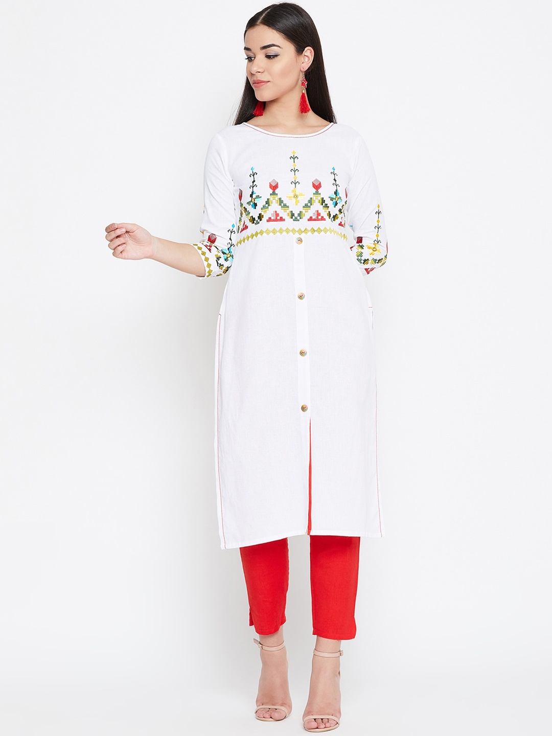 

WineRed White Floral Embroidered Thread Work Kurta