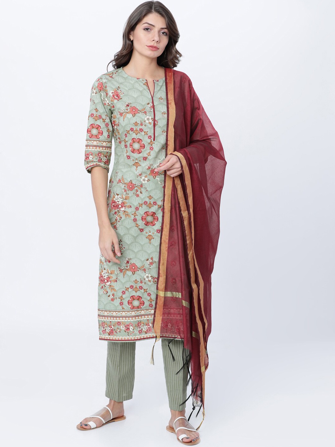 Vishudh Women Olive Green & Maroon Printed Kurta with Palazzos & Dupatta