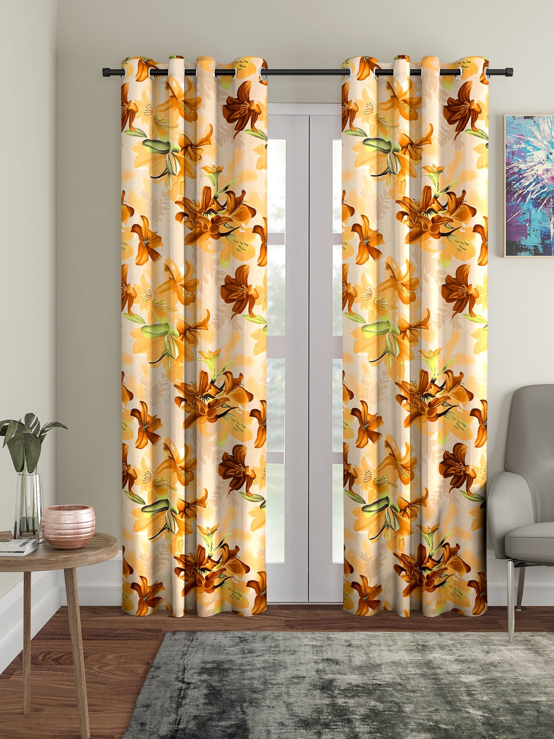 

Cortina Set of 2 Yellow & Brown Floral Printed Polyester Door Curtains