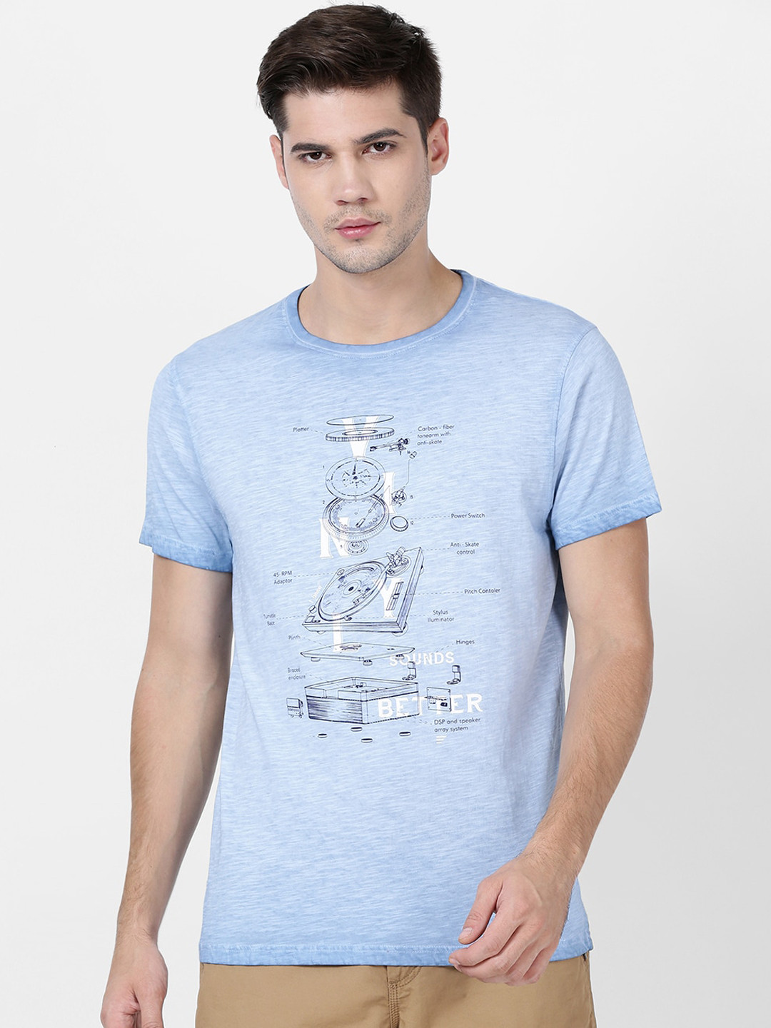 

t-base Men Blue Printed Round Neck Pure Cotton T-shirt