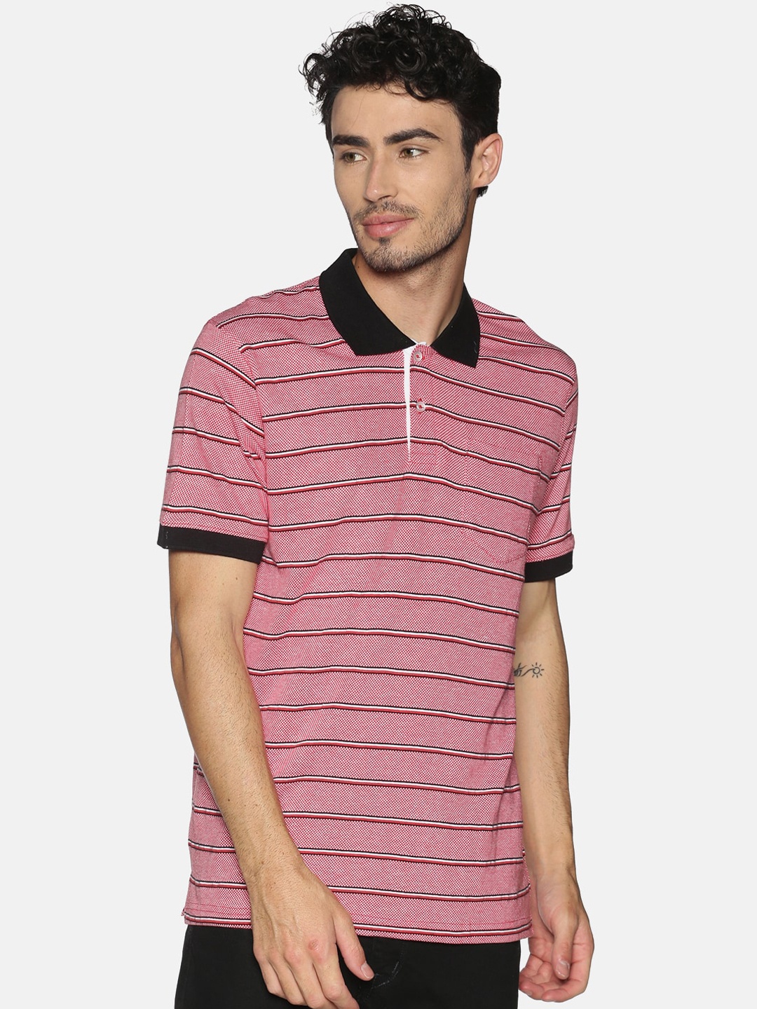 

Chennis Men Red Slim Fit Striped Polo Collar Cotton Pure Cotton T-shirt