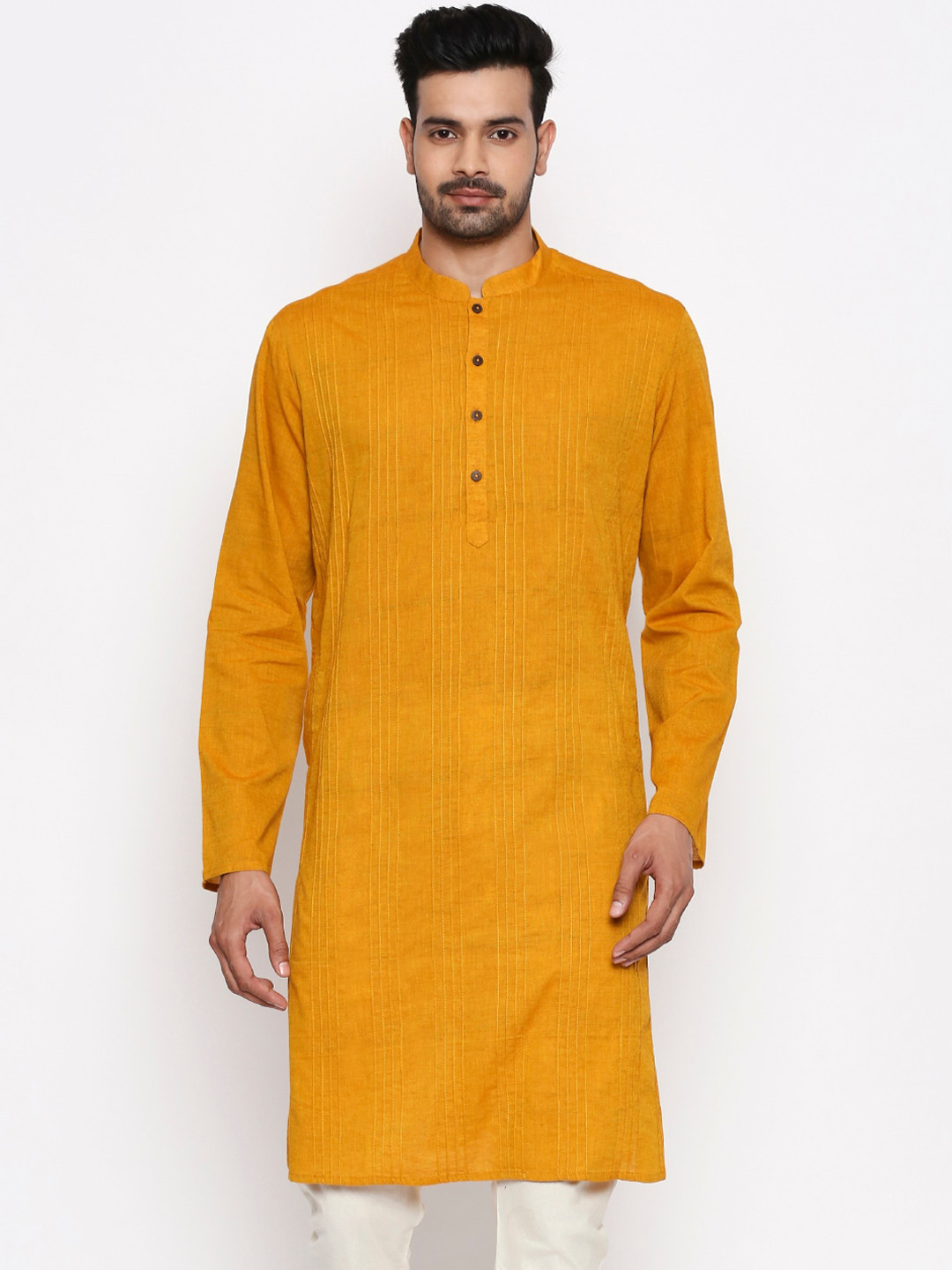 

indus route by Pantaloons Men Mustard Yellow Solid Straight Kurta