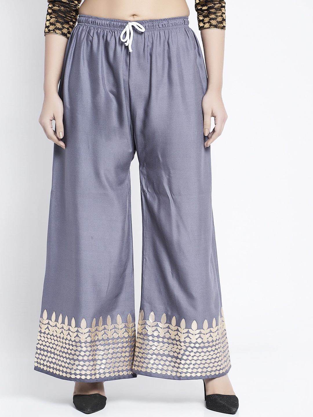 

GRACIT Women Grey & Gold-Toned Hem Design Flared Palazzos