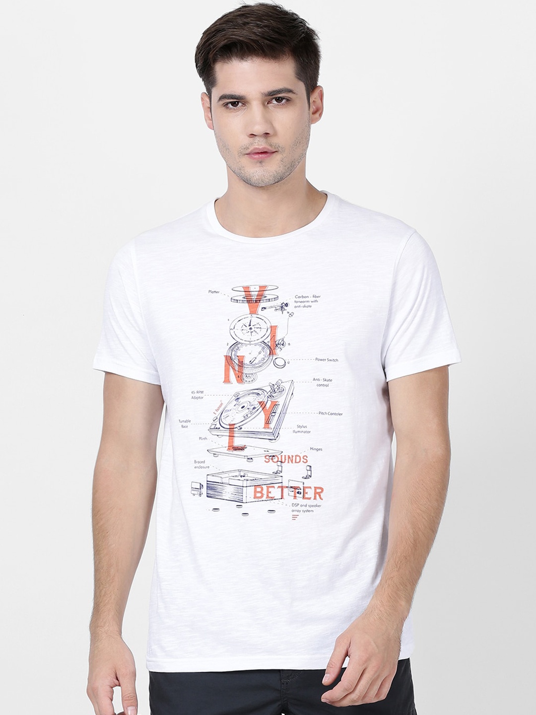 

t-base Men White Printed Round Neck Pure Cotton T-shirt