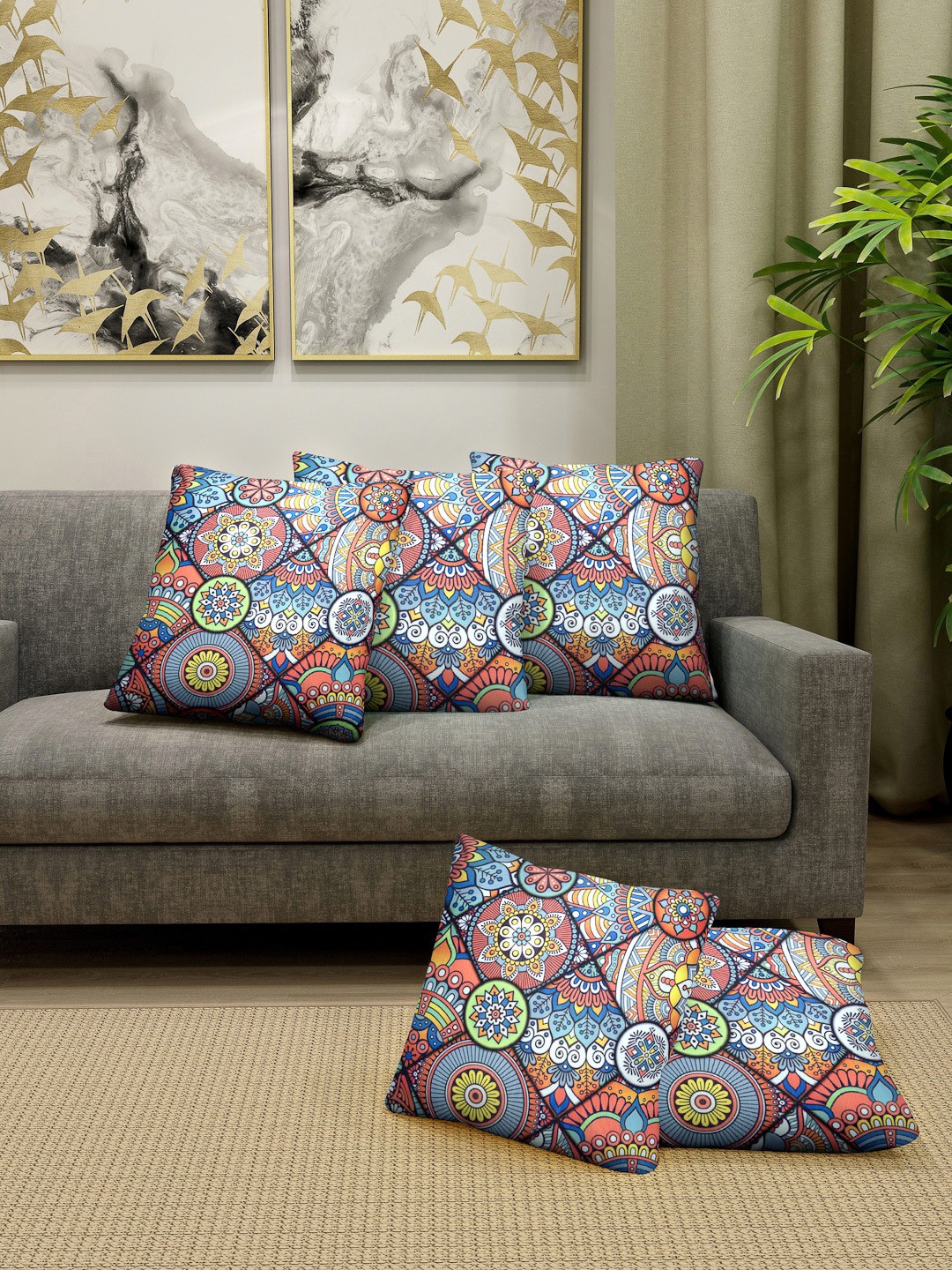 

Cortina Unisex Multicolored Set of 5 Floral Printed Cushion Covers, Blue