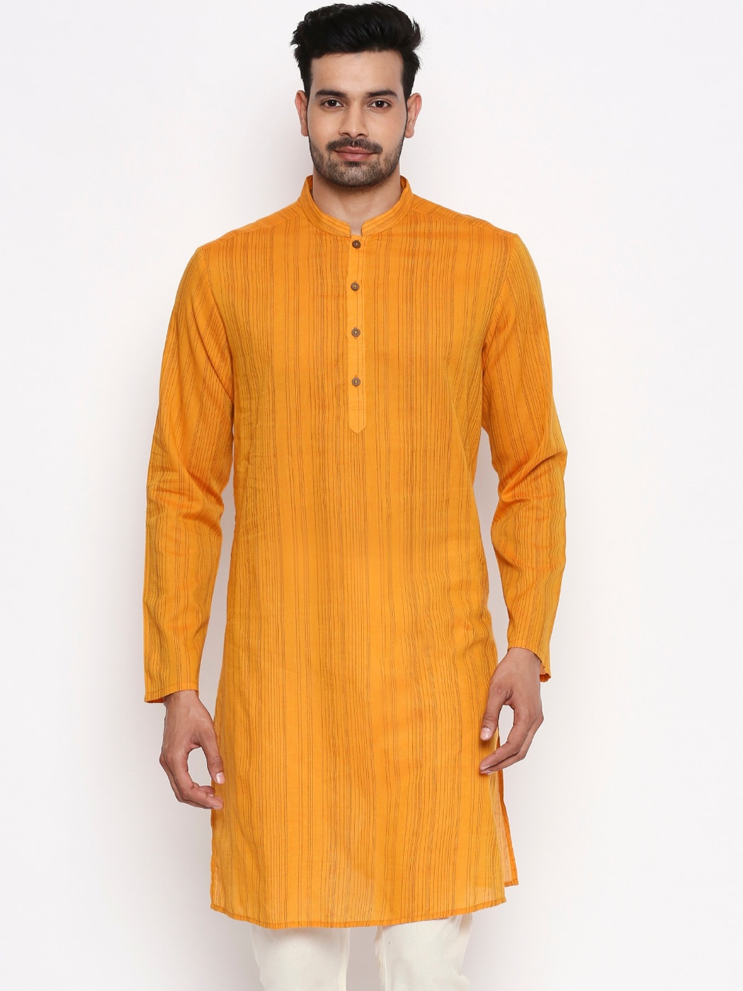 

indus route by Pantaloons Men Mustard Yellow Striped Straight Kurta