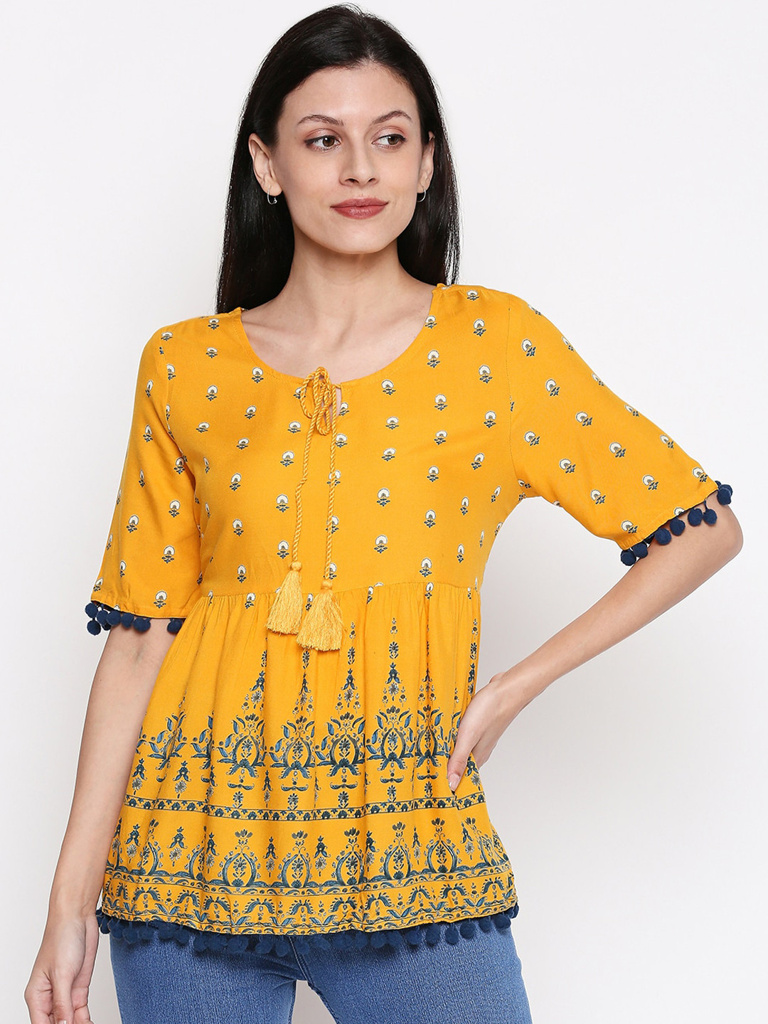 

People Women Mustard Yellow Printed Empire Top