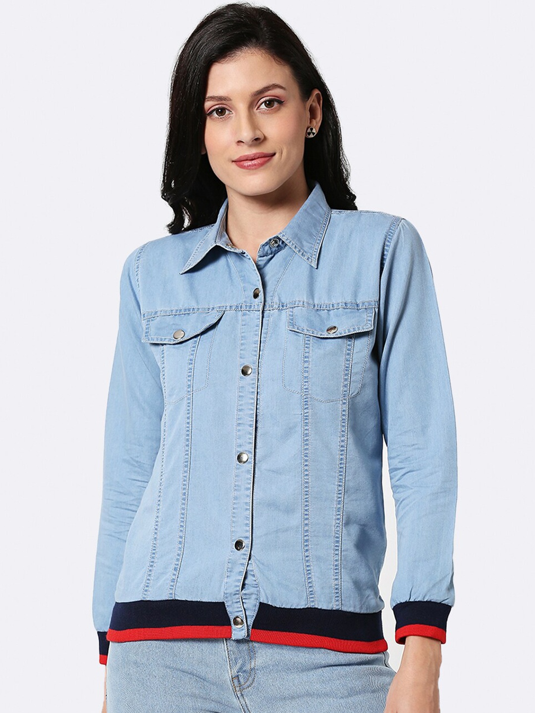 

Bewakoof Women Blue Striped Denim Jacket
