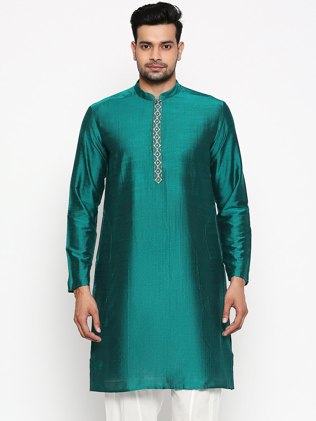

indus route by Pantaloons Men Teal Woven Design Straight Kurta