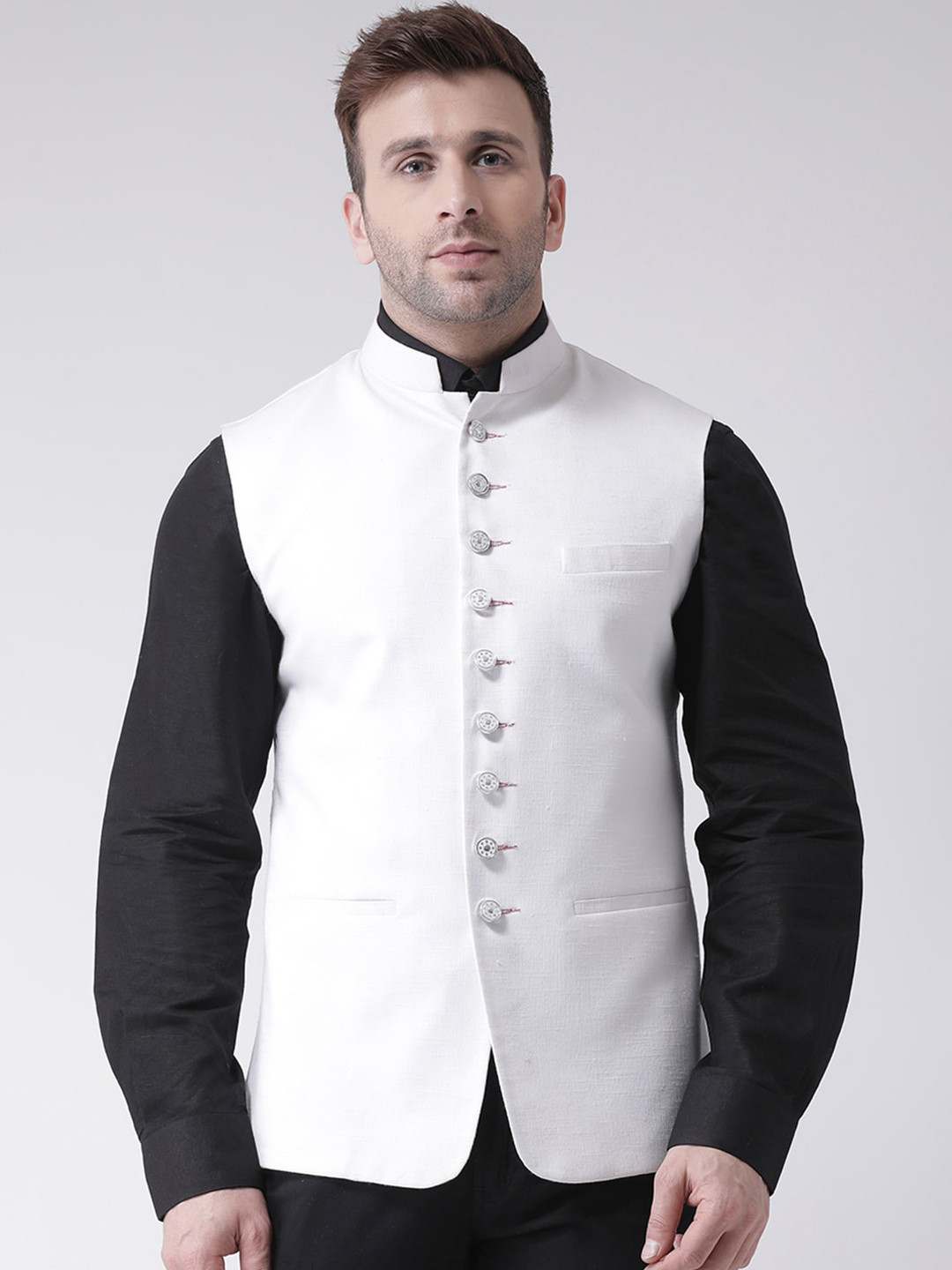

Hangup Men White Solid Woven Nehru Jacket