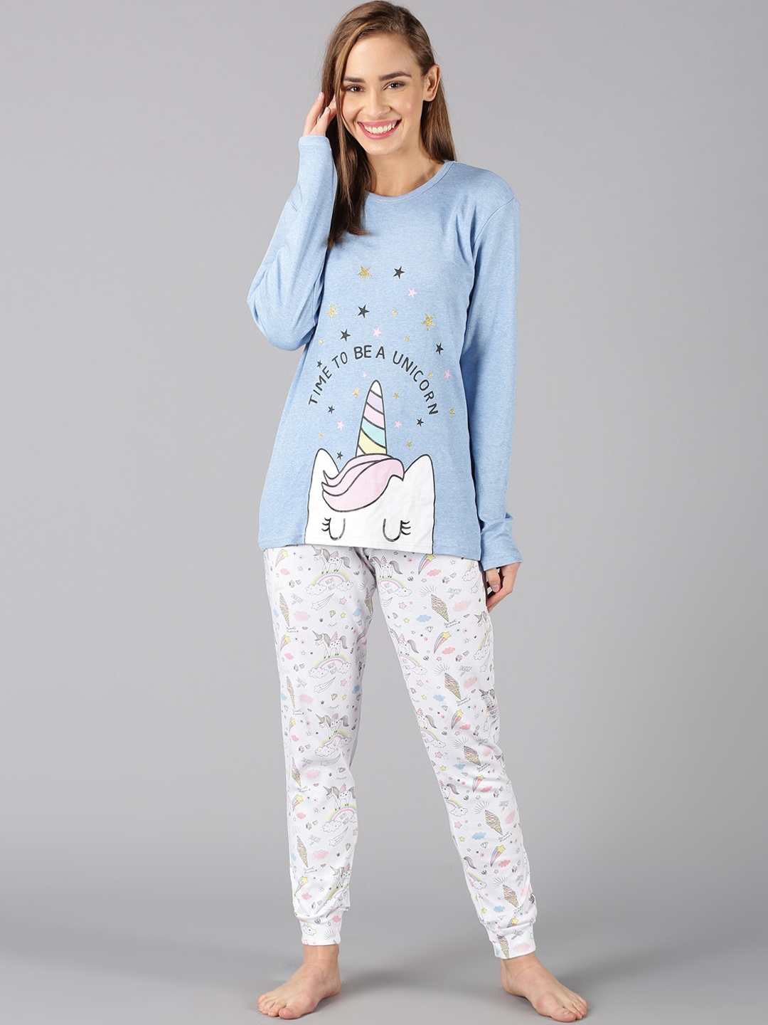 

Snarky Gal Women Blue & White Graphic Printed Night Suit