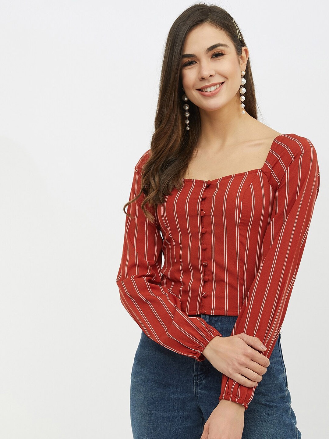 

Harpa Women Rust Striped Blouson Top