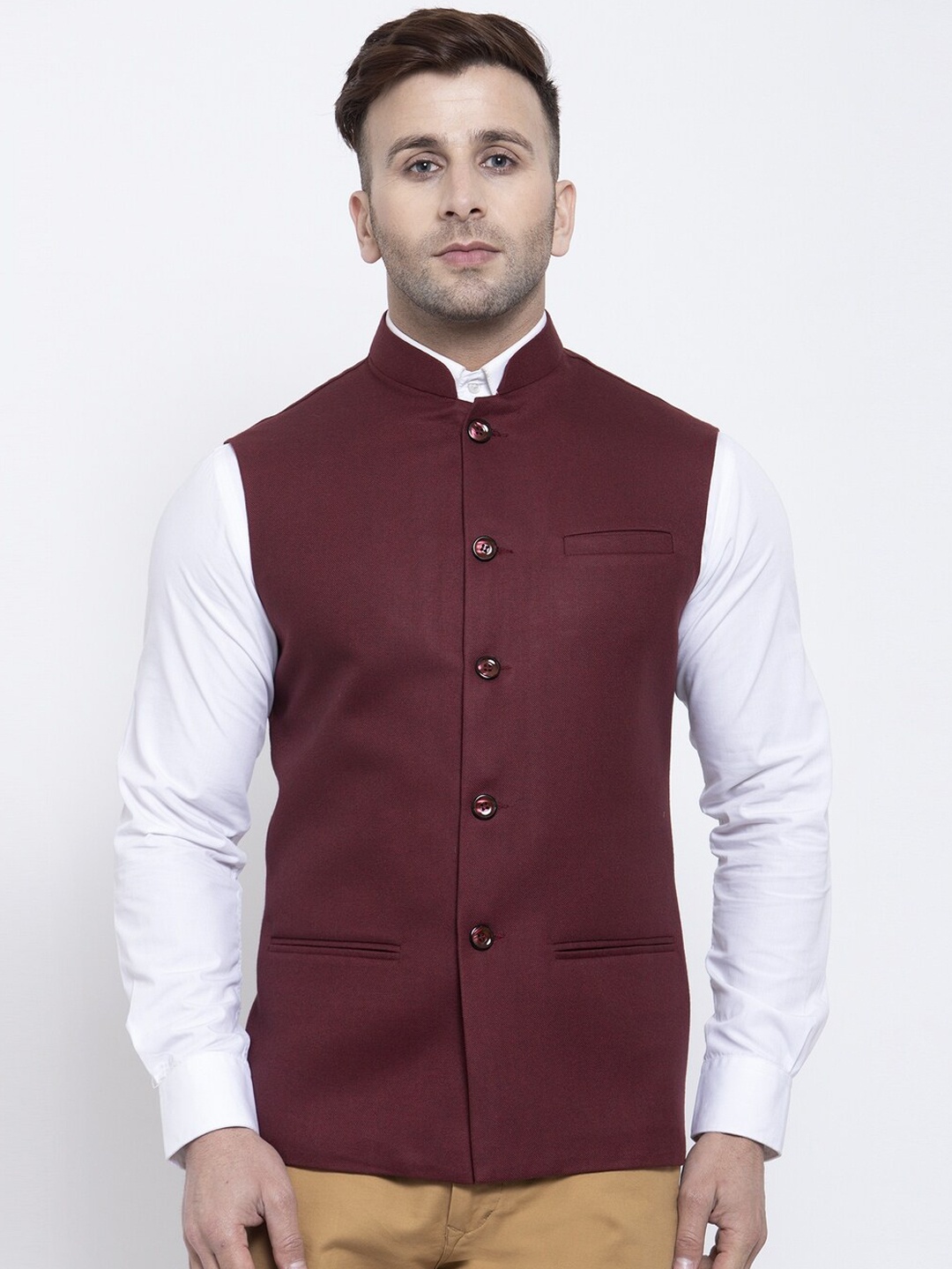 Badoliya & Sons Men Maroon Solid Corduroy Nehru Jacket