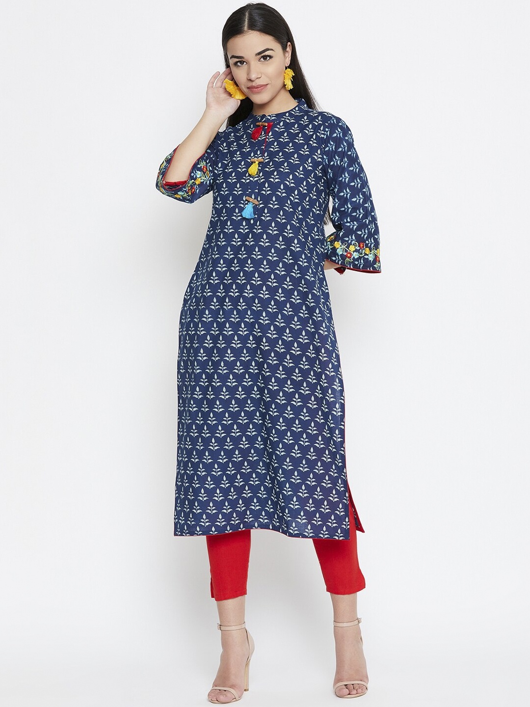 

WineRed Women Blue Printed A-Line Kurta