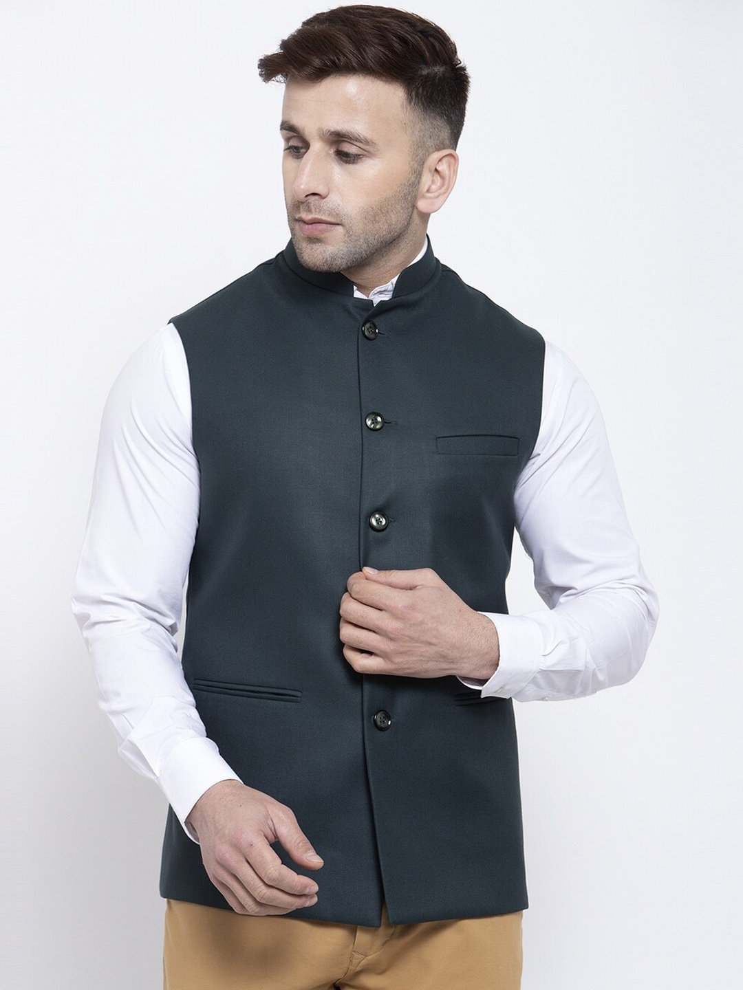 

Badoliya & Sons Men Black Solid Woven Nehru Jacket