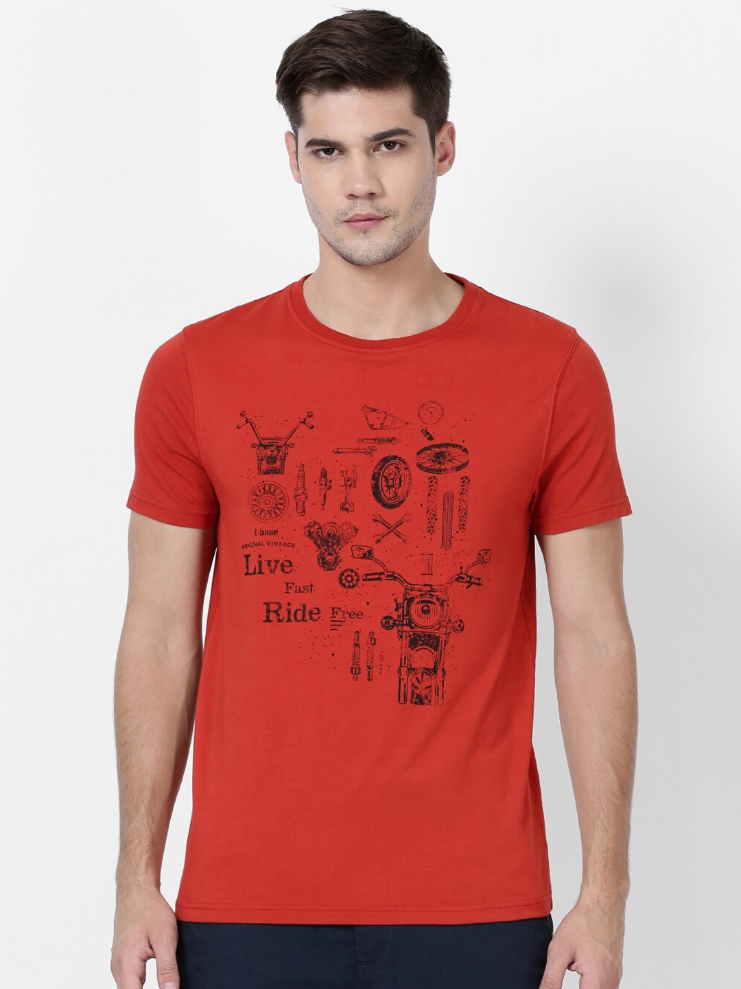 

t-base Men Red Printed Round Neck Pure Cotton T-shirt