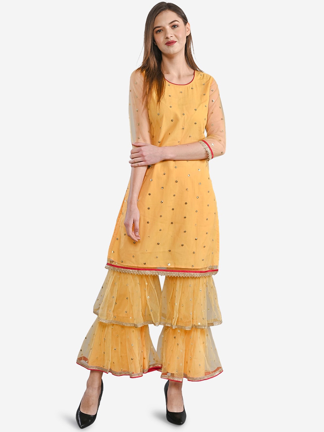 Be Indi Women Yellow Woven Design Kurta with Sharara