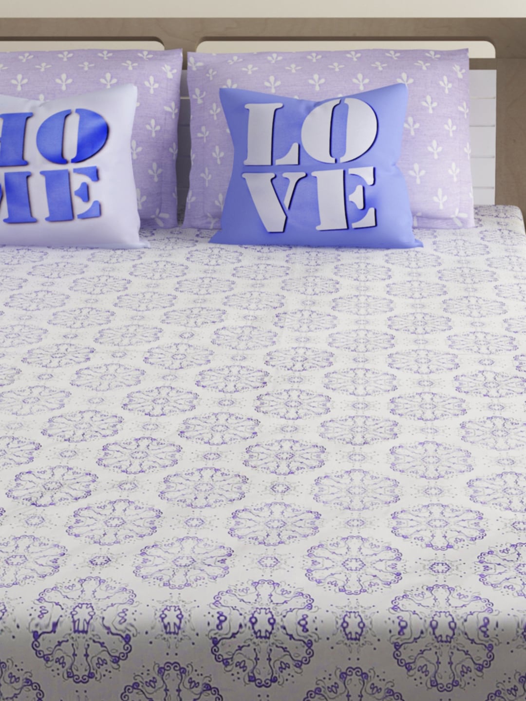 

SWAYAM White & Purple Typography 210 TC Cotton 1 King Bedsheet with 2 Pillow Covers