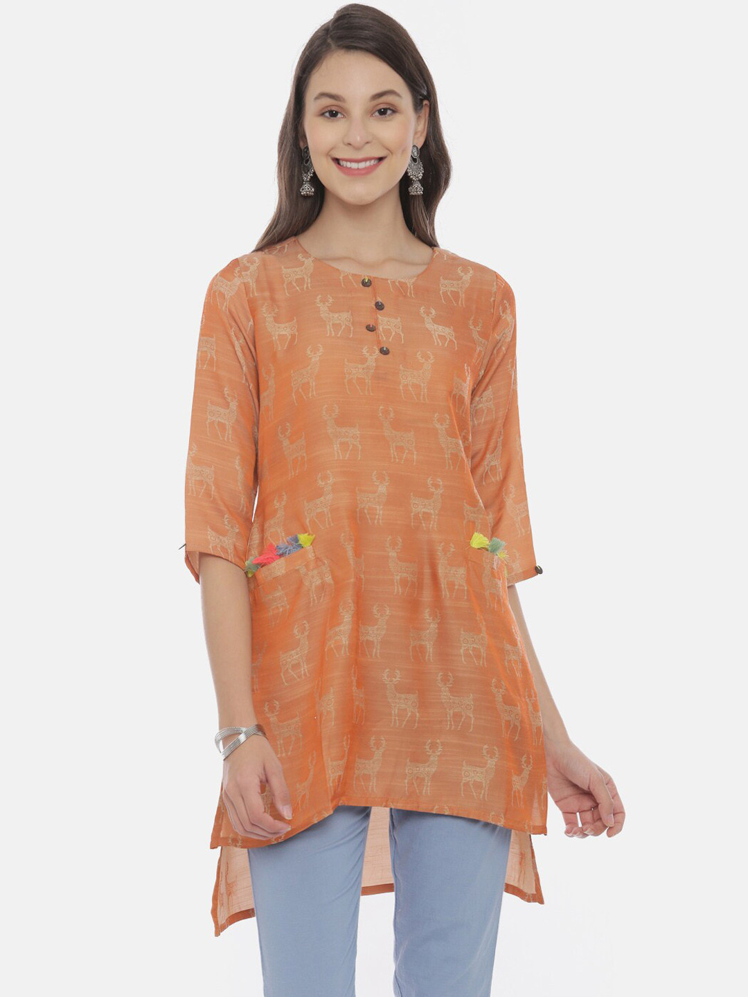 

Neerus Women Orange Printed A-Line Kurta