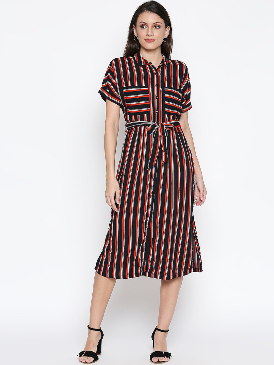 

People Blue & Red Striped Shirt Midi Dress