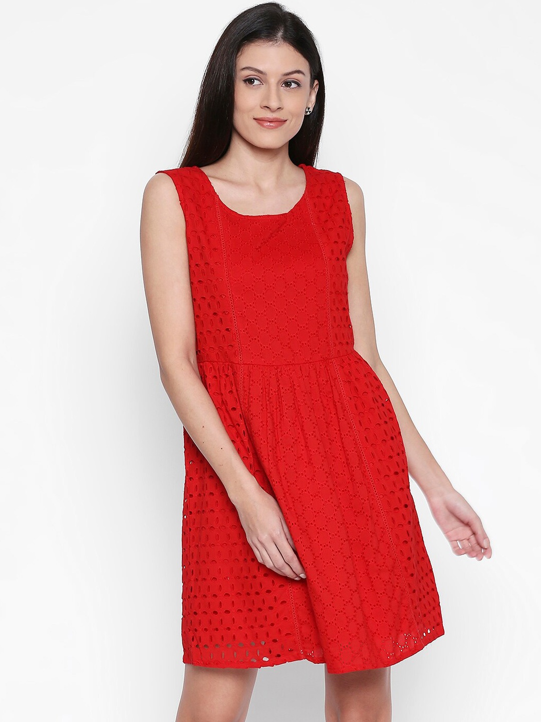 

People Women Red Self Design Fit and Flare Dress