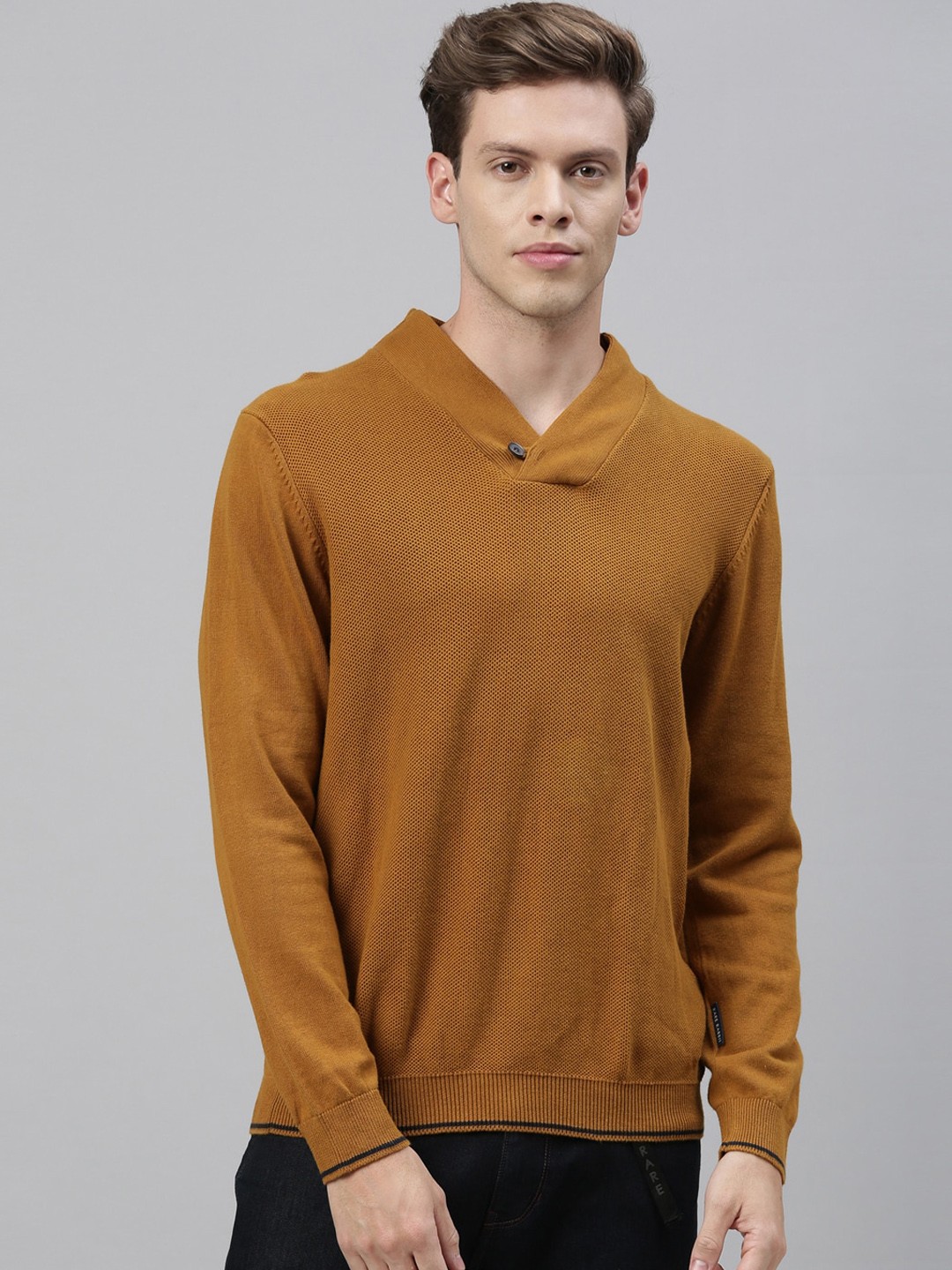 

RARE RABBIT Men Mustard Yellow Self Design Pullover Sweater
