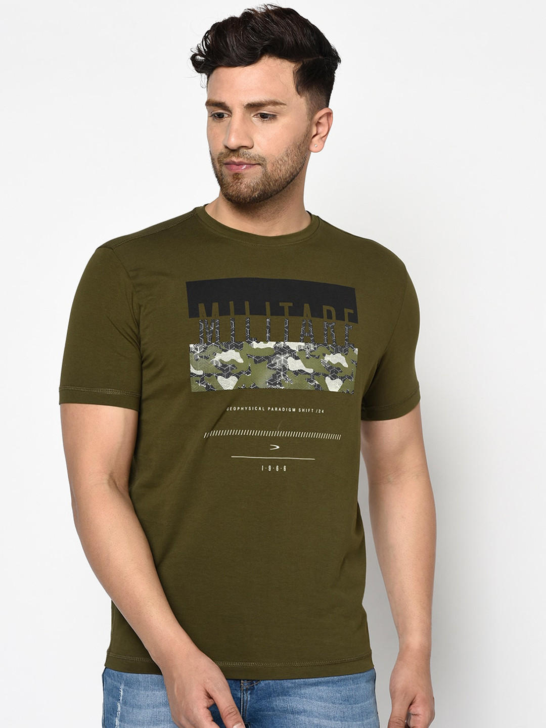 

Duke Men Olive Green Printed Round Neck T-shirt