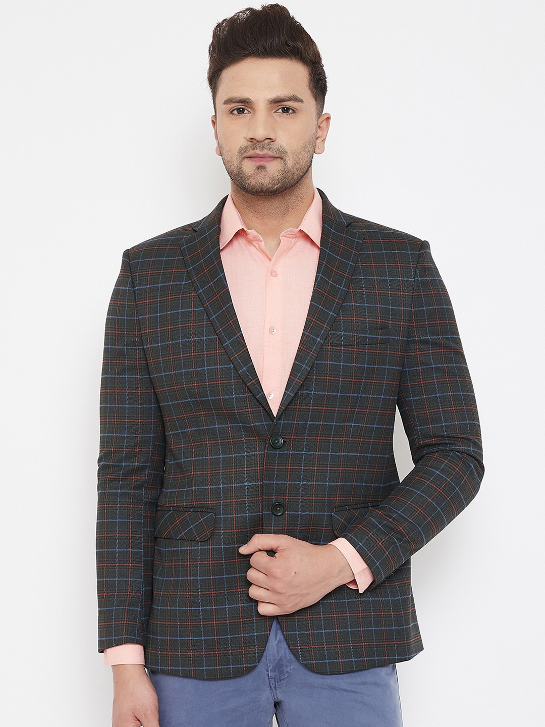 

Canary London Men Olive Checked Slim-Fit Casual Single-Breasted Blazer