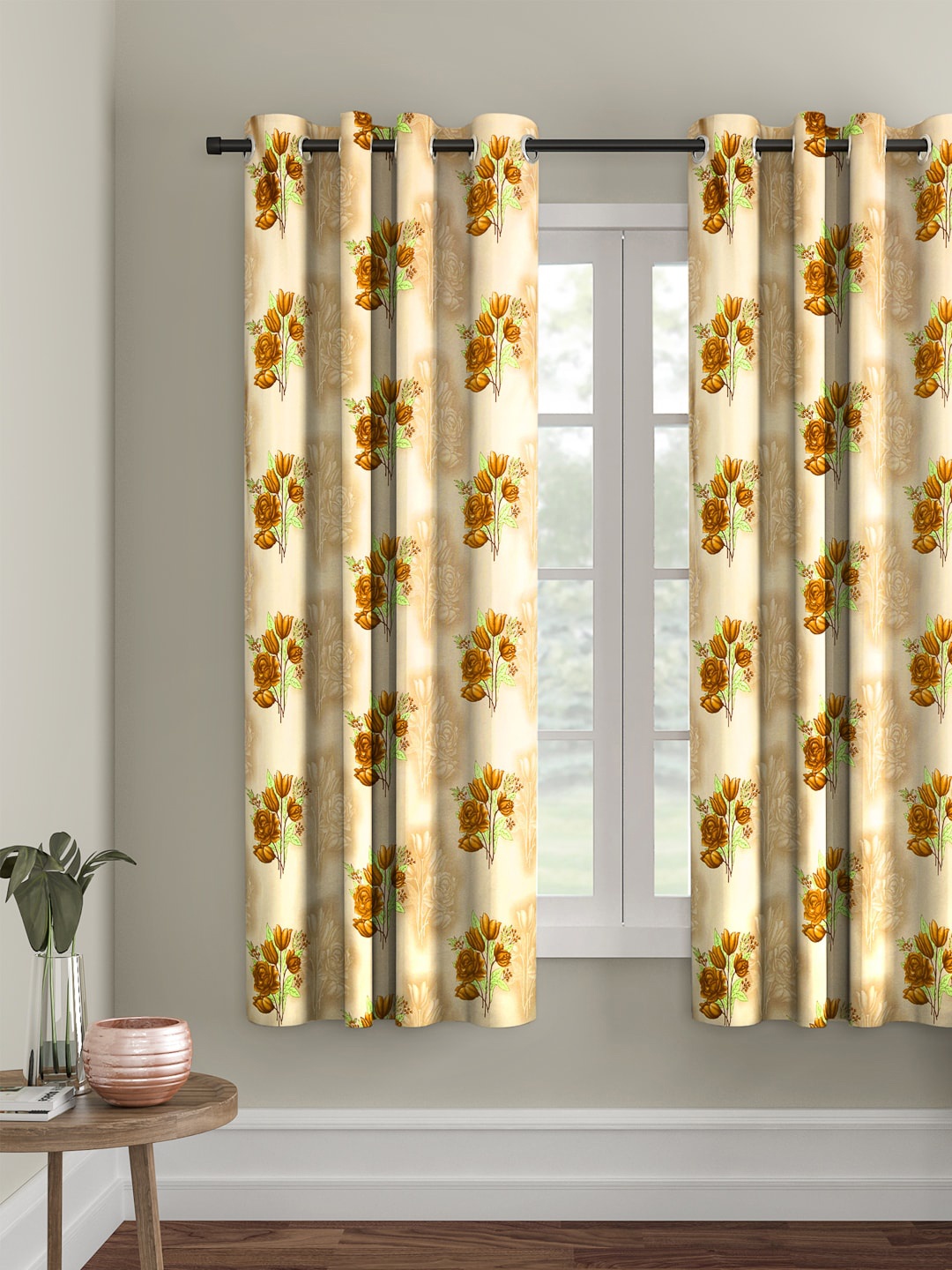 Cortina Single Floral Printed Window Curtain, Beige