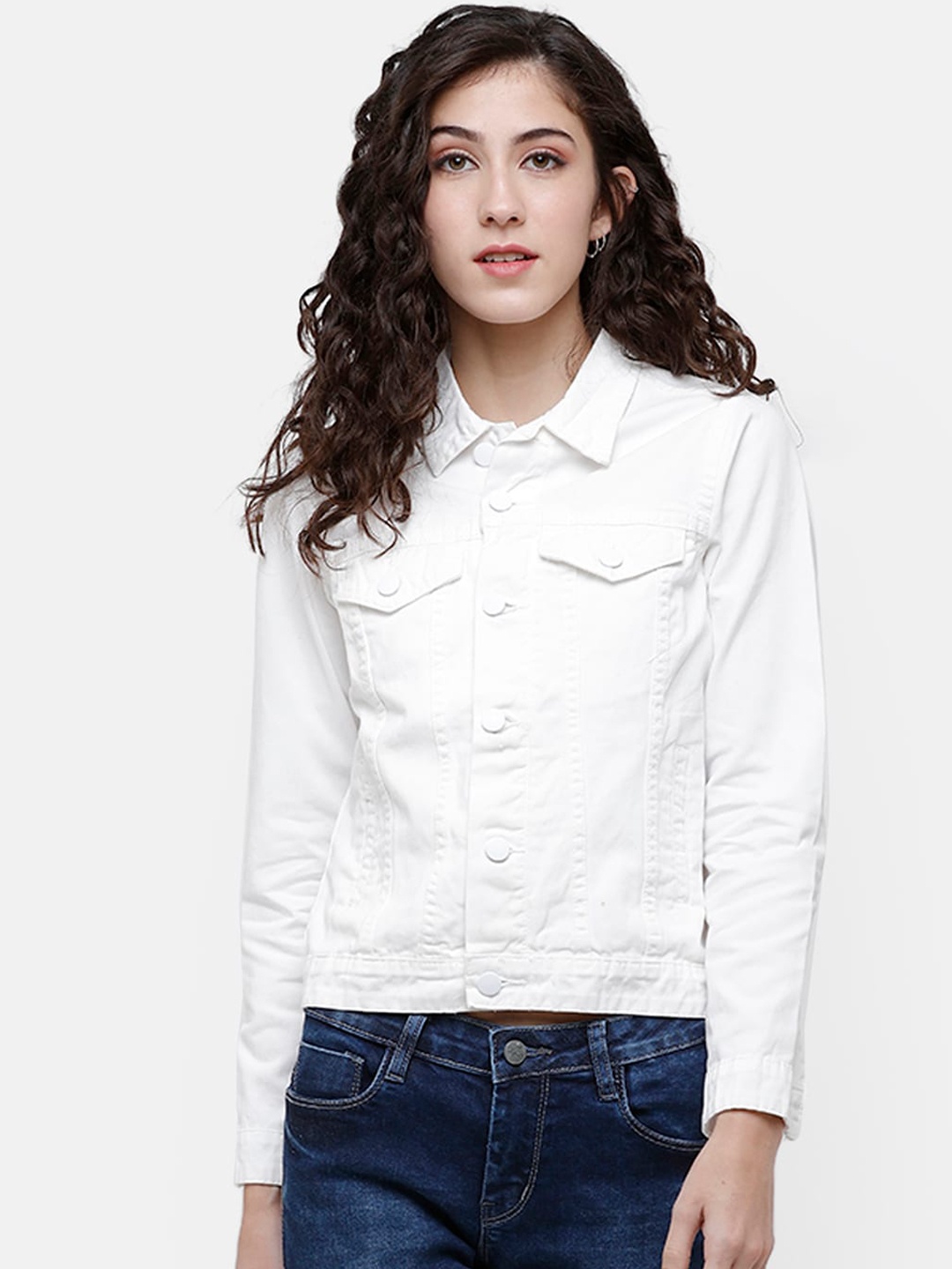 

ZHEIA Women White Solid Denim Jacket