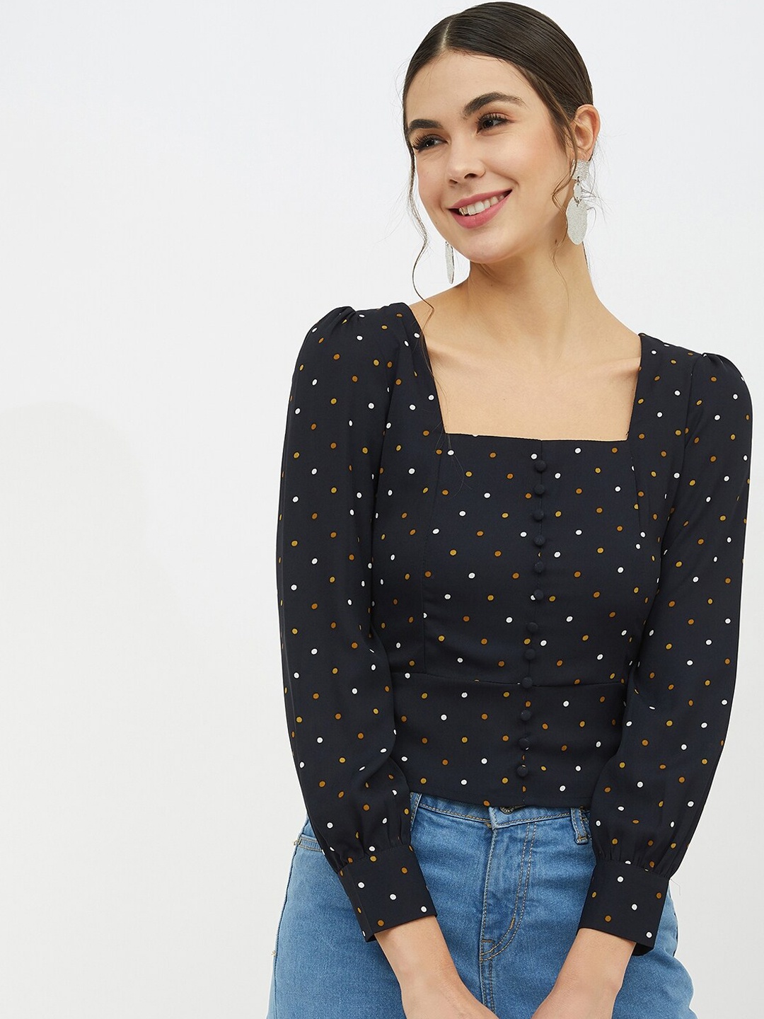 

Harpa Navy Blue Polka Dots Printed Top