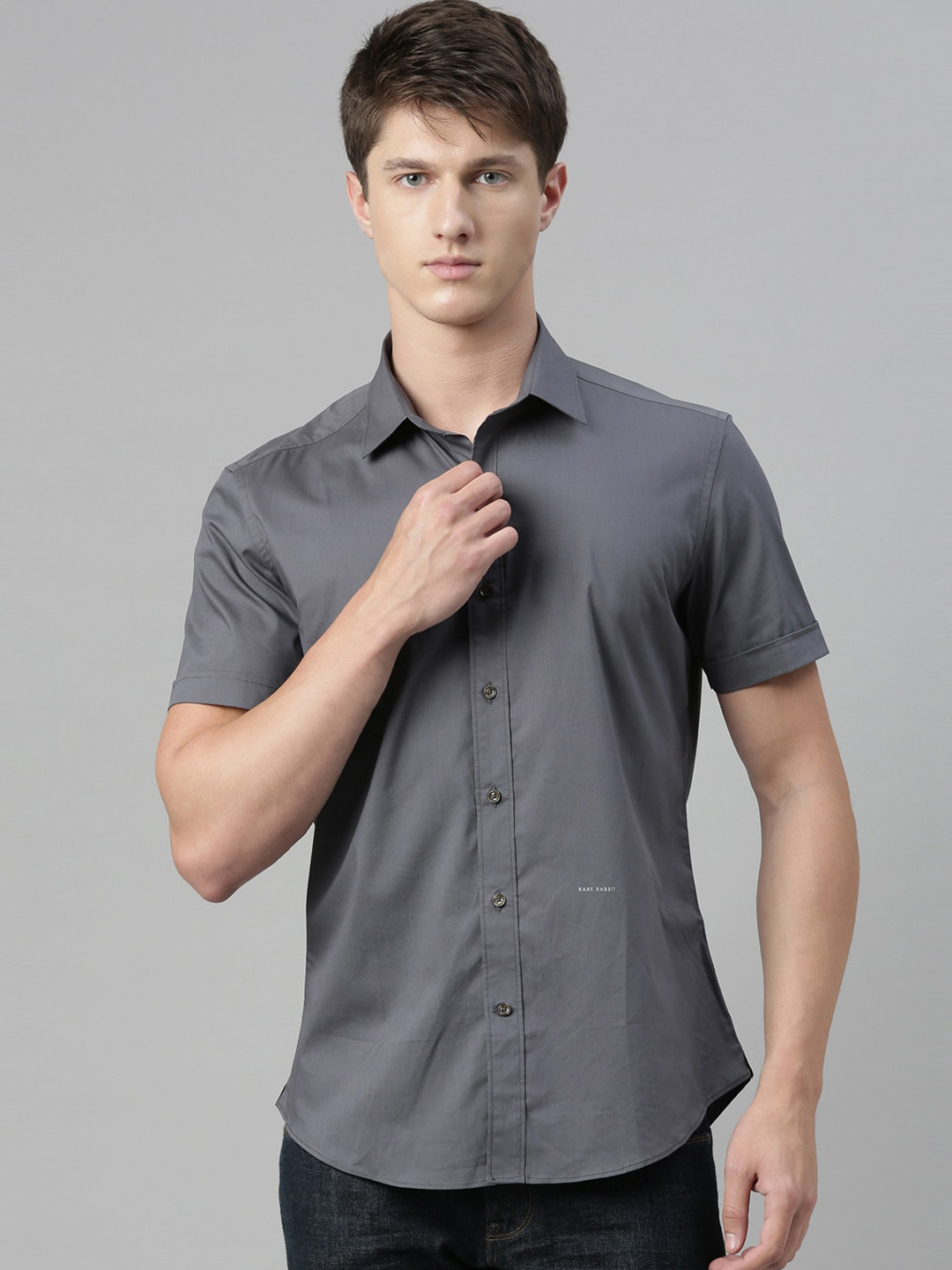 

RARE RABBIT Men Grey Solid Regular Fit Casual Cotton Shirt