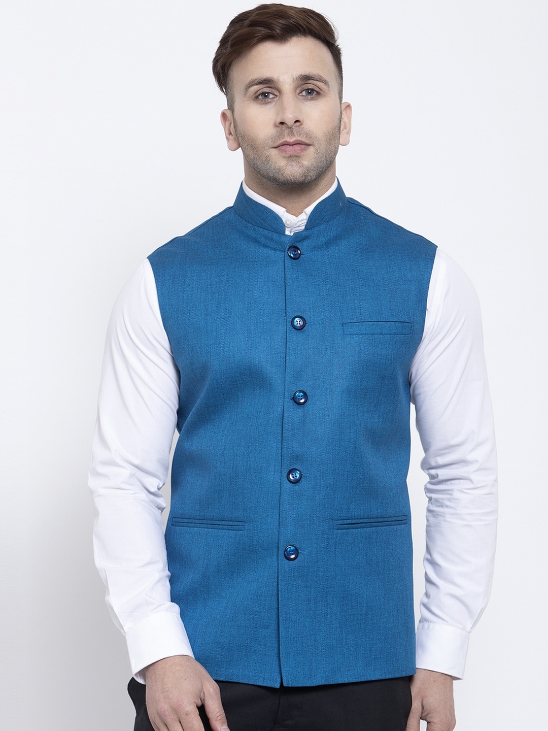 

Badoliya & Sons Men Blue Solid Jute Nehru Jacket