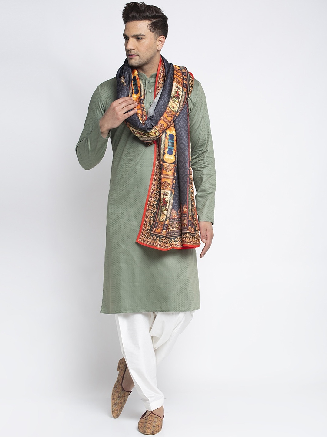 

MAXENCE Unisex Grey & Yellow Printed Pure Pashmina Shawl