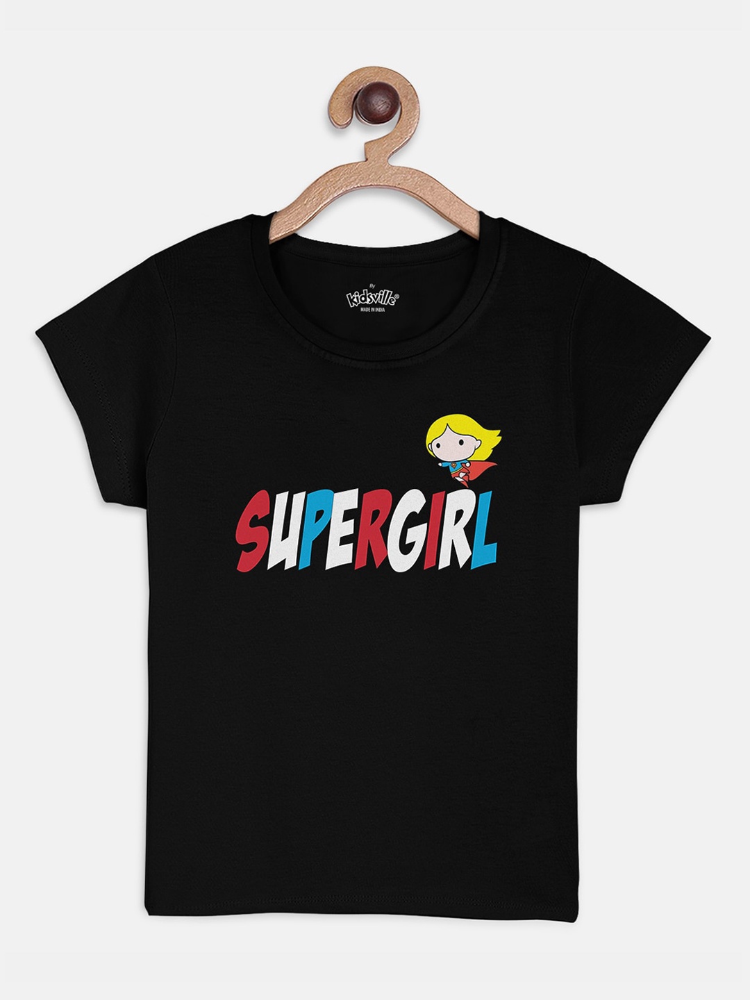

Kids Ville Girls Black Supergirl Printed T-shirt