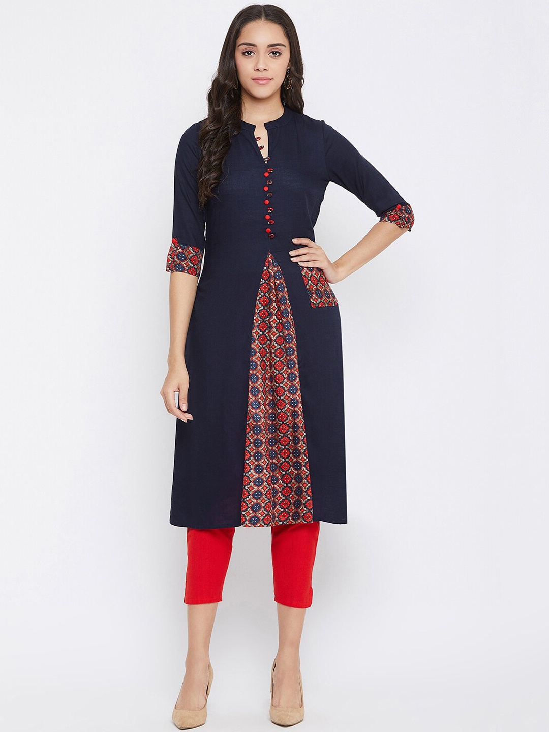 

WineRed Women Women Dark Blue Solid Rayon A-line Kurta, Navy blue