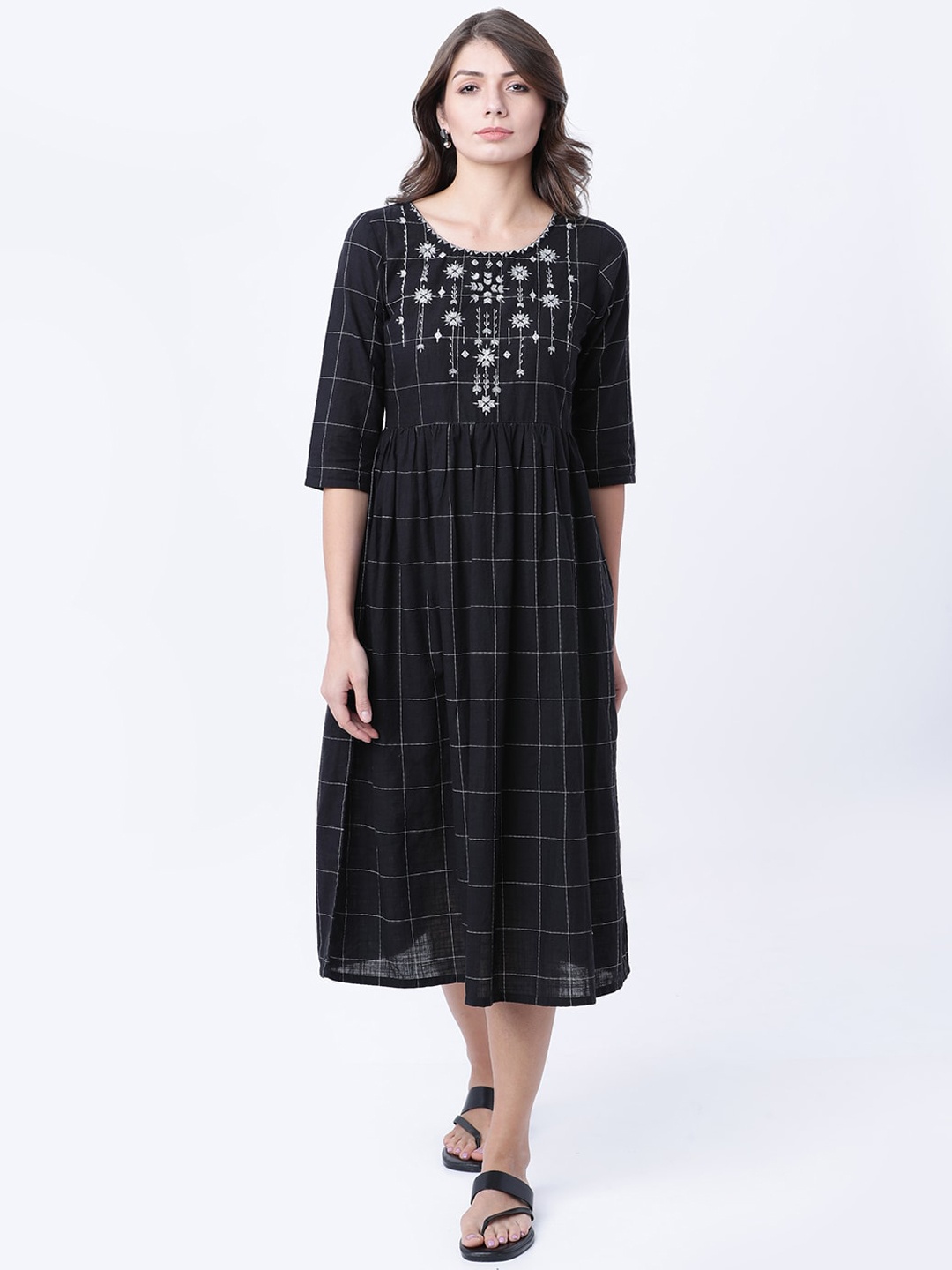 

Vishudh Women Black & White Checked Fit and Flare Dress