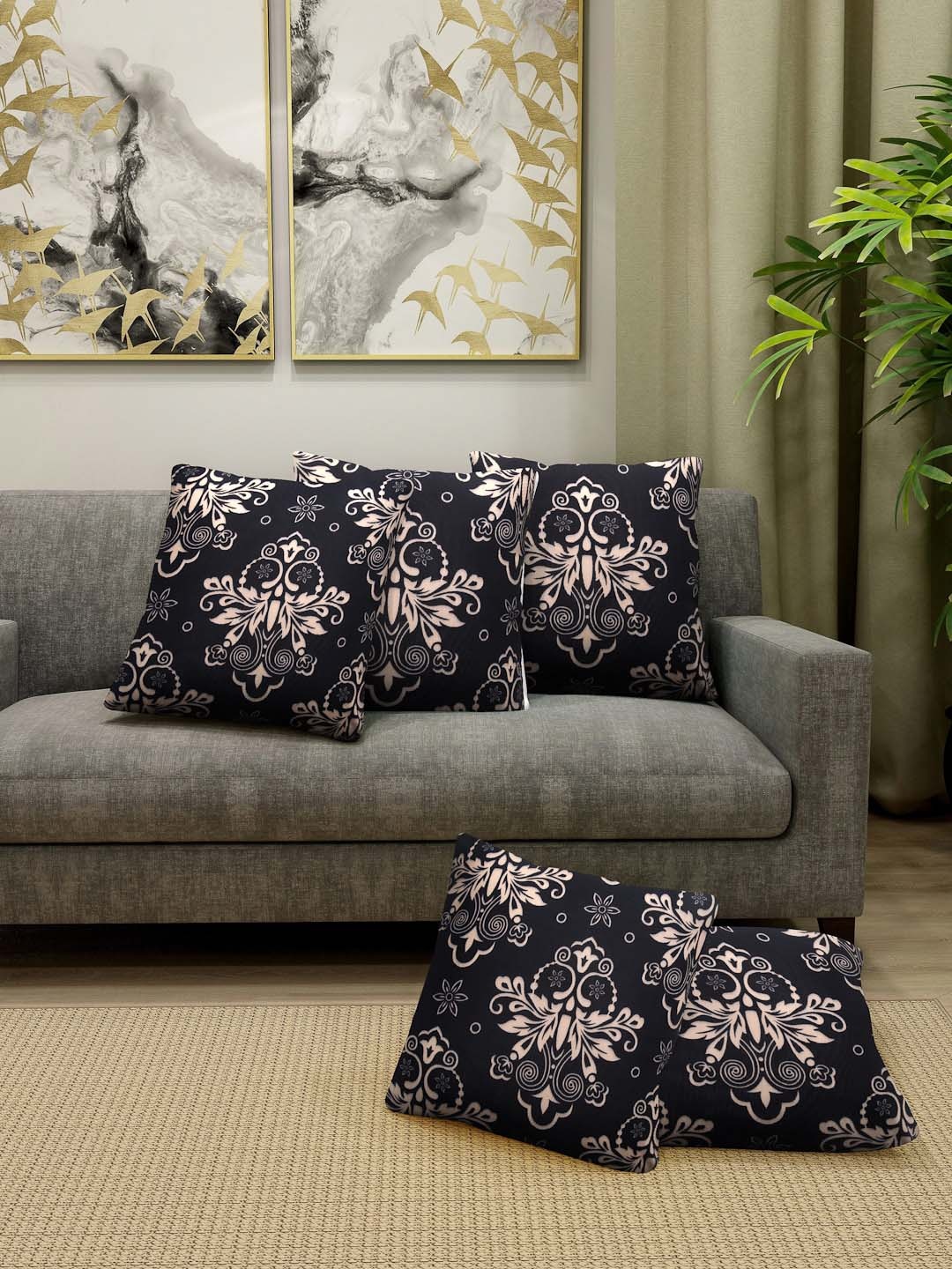 Cortina Black & Beige Set of 5 Ethnic Motifs Square Cushion Covers